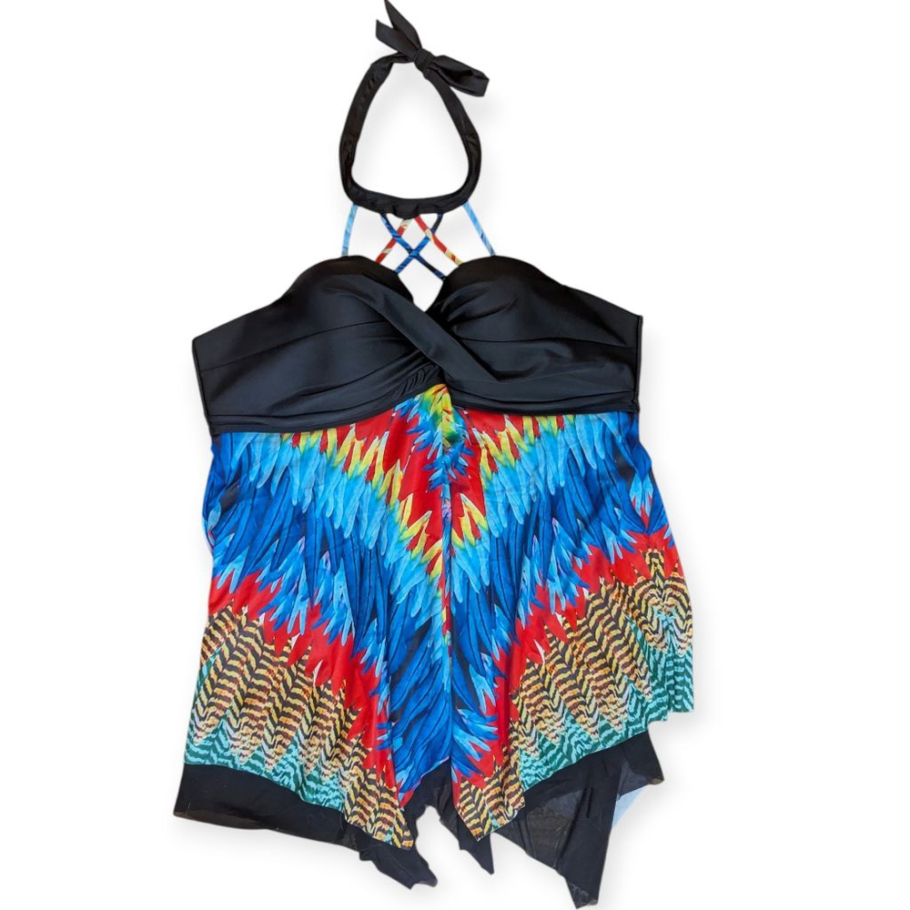 Black Multicolor Halter Tankini Swim Top 3X - Picture 2 of 9